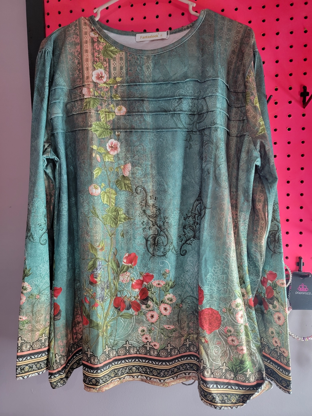 Women's Teal Floral Pintuck Long-Sleeve Top
